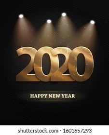 2020 happy New Year greeting with spotlight. Golden numbers on unusual black background. Design for cards, flyers and other cards. Vector.