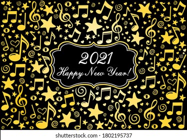 2020 Happy New Year greeting card. Celebration  background with Music notes, stars and place for your text. Horizontal posters, greeting cards, header, website. Vector Illustration