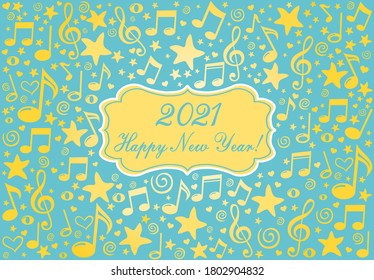 2020 Happy New Year greeting card. Celebration mint background with gold Music notes, stars and place for your text. Horizontal posters, greeting cards, header, website. Themed invitation. Vector