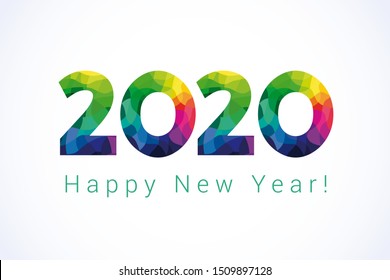 2020 Happy New Year greetings. Celebrating congratulating banner with colored facet stained numbers. Jubilee or birthday multicolor logo. 2, 20th, 20 years old illustration or sale 20% special offer