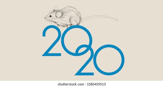 2020 - Happy New Year hand drawn lettering with year symbol - mouse. Flat vector illustration for cards, greetings, party invitations, posters, flyers, seasonal design and decoration, prints, web.