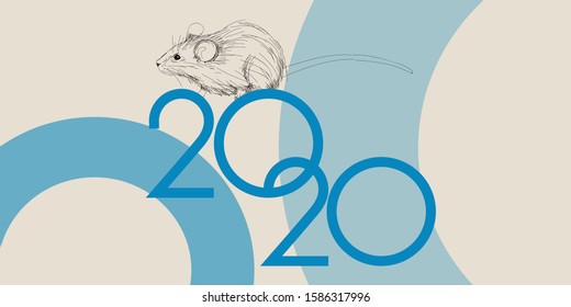 2020 - Happy New Year hand drawn lettering with year symbol - mouse. Flat vector illustration for cards, greetings, party invitations, posters, seasonal design and decoration, flyers, prints, web.