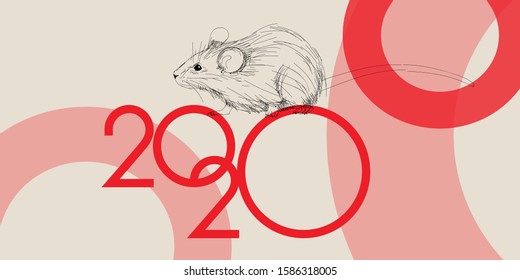 2020 - Happy New Year hand drawn lettering with year symbol - mouse. Flat vector illustration for cards, greetings, party invitations, posters, seasonal design and decoration, flyers, prints, web.