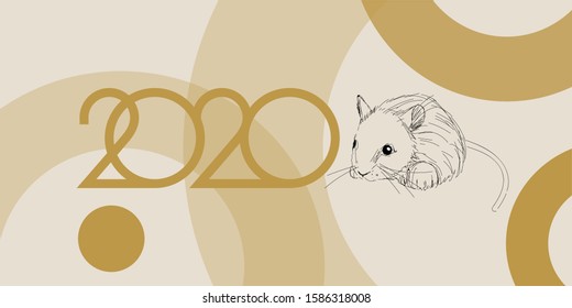2020 - Happy New Year hand drawn lettering with year symbol - mouse. Flat vector illustration for cards, greetings, party invitations, posters, seasonal design and decoration, flyers, prints, web.