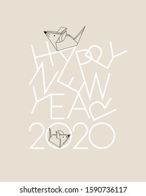2020 - Happy New Year hand drawn lettering with year symbol - mouse. Flat vector illustration for cards, greetings, party invitations, posters, flyers, seasonal design and decoration, prints, web.