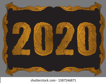2020 Happy New Year with Hand-drawn sketch vectors of tendrils for decorative, carvings and borders patterns. It can also use for ornaments, frames and logos, with Javanese ethnics in golden and black