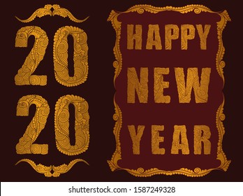 2020 Happy New Year with Hand-drawn sketch vectors of tendrils for decorative, carvings and borders patterns. It can also use for ornaments, frames and logos, with Javanese ethnics in golden and black