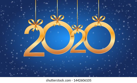 2020 Happy New Year with hanging golden numbers, ribbon bows and snow on blue background. Holiday banner, poster, greeting card, invitation template. Year of the rat. Copy space
