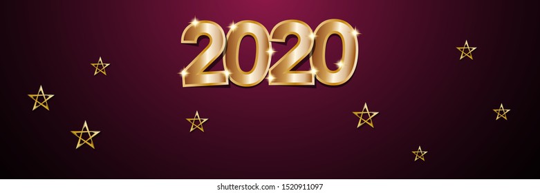 2020 Happy New Year header background, golden stars on purple background
