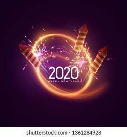 2020. Feliz Año Nuevo. Ilustración vectorial de vacaciones. Cartel de luz festivo con cohetes de fuegos artificiales, fuegos artificiales, destellos y etiqueta de texto. Diseño de plantilla de afiche de Año Nuevo.