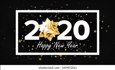 2020 Happy New Year Holiday Elegant Banner Vector. Two Thousand Twenty 2020 Number White Frame Stars And Shiny Sparkles On Black Background. Glittering Advertising Placard Realistic 3d Illustration