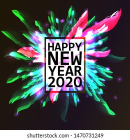 2020. Happy New Year. Holiday vector illustration. Festive light banner with sparkling firework rockets, fireworks, flashes and text label. New Year poster template design.
