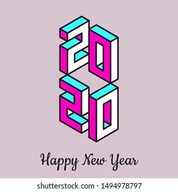  2020 Happy New Year Holiday poster . Art isometric illustration in minimal style. Modern card design for invitation, postcard, greeting card, flyer, web. Vector illustration.