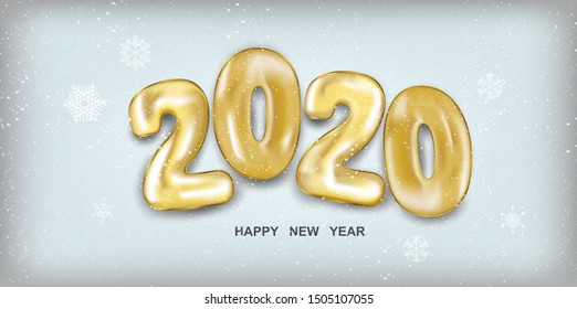 2020 Happy New Year. Holiday vector illustration. Golden numbers balls in 3d realistic style with snow. Festive banner design. Happy New 2020 Year poster. Vector illustration