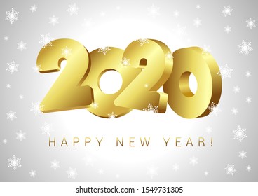 2020 Happy New Year. Holiday vector illustration of golden metallic numbers 2020. Realistic 3d sign. Festive poster or banner design