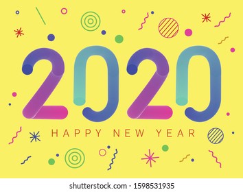 2020, Happy New Year. Holiday background, poster. Geometric memphis bright style for Happy New Year 2020 or Merry Christmas. Greeting card with inscription Happy New Year 2020. Illustration