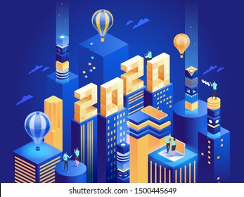 2020 Happy New Year. New innovative ideas. Digital technologies. Isometric technology for new year holiday posters and banners. Vector illustration with trendy geometric elements and people.