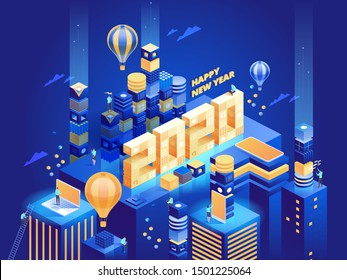 2020 Happy New Year. New innovative ideas. Digital technologies. Isometric technology for new year holiday posters and banners. Vector illustration with trendy geometric elements and people.