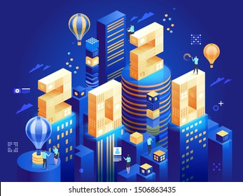 2020 Happy New Year. New innovative ideas. Digital technologies. Isometric technology for new year holiday posters and banners. Vector illustration with trendy geometric elements and people.