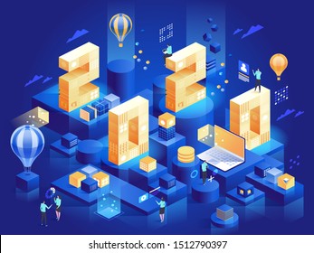 2020 Happy New Year. New innovative ideas. Digital technologies. Isometric technology for new year holiday posters and banners. Vector illustration with trendy geometric elements and people.