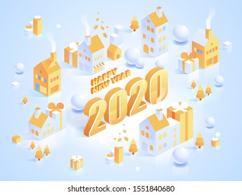 2020 Happy New Year. New innovative ideas. Digital technologies. Isometric technology for new year holiday posters and banners. Vector illustration with trendy geometric elements and people.