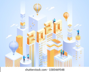 2020 Happy New Year. New innovative ideas. Digital technologies. Isometric technology for new year holiday posters and banners. Vector illustration with trendy geometric elements and people.