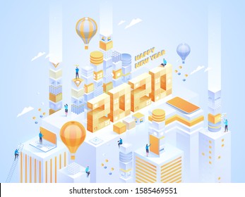 2020 Happy New Year. New innovative ideas. Digital technologies. Isometric technology for new year holiday posters and banners. Vector illustration with trendy geometric elements and people.