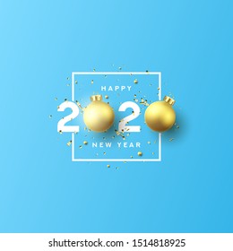 2020 happy new year label design. Vector illustration. Holiday symbol with golden Christmas balls and golden confetti isolated on blue background.