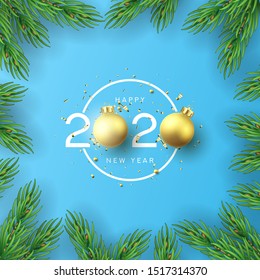 2020 happy new year label design. Vector illustration with fir-tree branches. Holiday symbol with golden Christmas balls and golden confetti isolated on blue background.