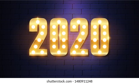 2020 Happy New Year  lamp symbol. Gold text design. Vector illustration