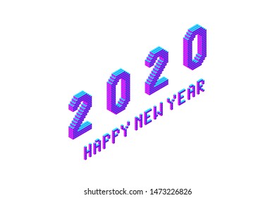 2020 happy new year lettering, bold and thin pixel isometric text, font element for design in modern color, stock vector illustration isolated on white background