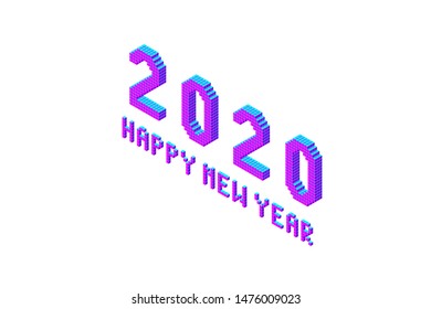 2020 happy new year lettering, bold and thin pixel isometric text, font element for design in modern color, stock vector illustration isolated on white background