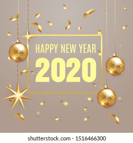 2020  happy new year lettering  luxury premium design text template with golden confetti in brown elegant background. Happy New Year card design. Vector illustration EPS 10
