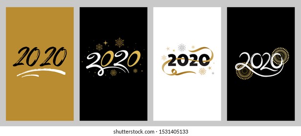 2020 Happy new year lettering with golden elements, banners on a white background. Vector illustration