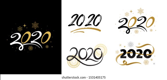 2020 Feliz año nuevo con elementos dorados, carteles de fondo blanco. Ilustración del vector