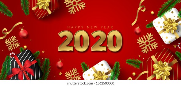 2020 happy new year lettering, Gift boxes, gold snowflakes, baubles, stars and pine leaves around on red background. Can be used as poster,banner or template design.