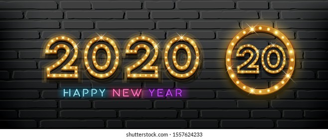 2020 Happy New Year light up lamp gold design on block black background, vector illustration