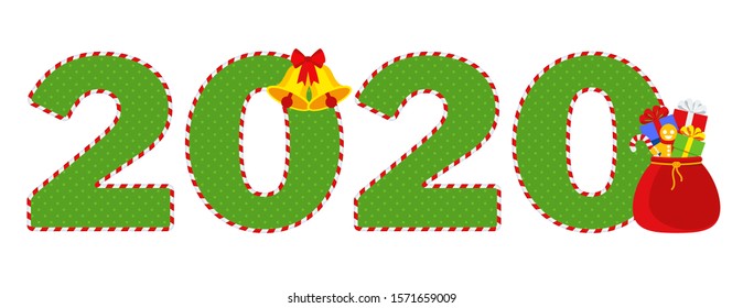 2020 Happy New Year logo text design. Polka dot green figures with stripe border.