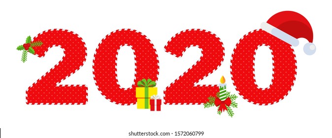 2020 Happy New Year logo text design. Polka dot red figures with stripe border.