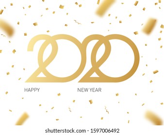2020 happy new year logo. Congratulations text: Happy new year! Party card, flyer, invitation, cover, banner, golden confetti isolated on white background. Poster vector logotype, symbol, sign 2020 