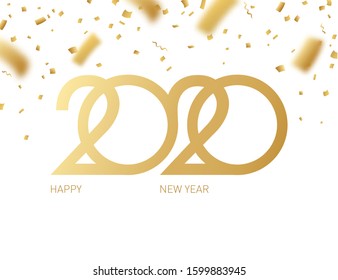 2020 happy new year logo. Congratulations text: Happy new year! Party card, flyer, invitation, cover, banner, golden confetti isolated on white background. Poster vector logotype, symbol, sign 2020 