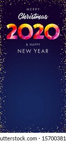 2020 A Happy New Year logotype, Merry Christmas shining congrats. Vertical Xmas seasonal background, ad leaflet, page for text. Abstract isolated graphic design template. Calender title 3D digits 20.