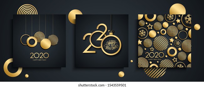 2020 Happy New Year luxury greeting cards set. New Year holiday invitations templates collection with hand drawn lettering and gold christmas balls. Vector illustration.