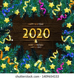 2020 Happy New Year and Merry Christmas Frame with Snow and real wood green pine. Vector illustration
