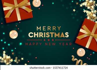 2020 Happy New Year and Merry Christmas background. Top view of gift box, xmas decoration string lights garlands, candles. Creative greeting card, banner, poster. Christmas design objects