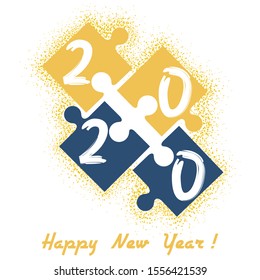 2020 Happy New Year and Merry Christmas. The number of puzzle pieces. Vector flat design. Cover for a business diary or calendar. Brochure design template, card, banner, flyer.
