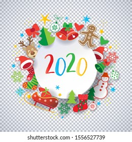 2020 Happy New Year Merry Christmas Decoration card vector snowman, Christmas tree, Christmas ball, hat, bell, ribbon, santa, socks, Gingerbread, reindeer, stars, heart, snowflakes transparent icon ui