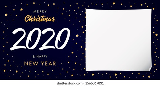 2020 A Happy New Year, Merry Christmas greeting card. Xmas background, holiday banner and empty page for text. Abstract isolated graphic design template. Calender title. Digits 20 for seasonal sale.