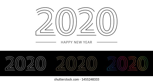 2020 Happy New Year. 2020 modern text vector design with line white black gold and spectrum gradient colors.