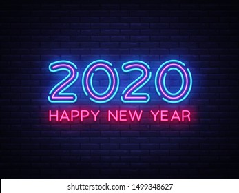 2020 Happy New Year Neon Text. 2020 New Year Design template for Seasonal Flyers and Greetings Card or Christmas themed invitations. Light Banner. Vector Illustration